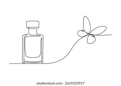 Continuous one line drawing of Perfume bottle with butterfly. Single line drawing illustration of Bottle of parfume luxury. Beauty and fashion concept vector art. Doodle line illustration.