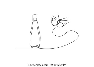 Continuous one line drawing of Perfume bottle with butterfly. Single line drawing illustration of Bottle of parfume luxury. Beauty and fashion concept vector art. Doodle line illustration.