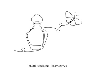 Continuous one line drawing of Perfume bottle with butterfly. Single line drawing illustration of Bottle of parfume luxury. Beauty and fashion concept vector art. Doodle line illustration.