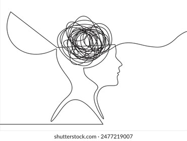 Continuous one line drawing of a person with confused feelings worried about bad mental health. Problems, failure and grief concept. Lineart Vector