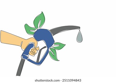 Persona de dibujo continuo de una línea que sostiene la boquilla de gasolina que emite gotas de gasolina. Hoja en el centro de la boquilla. Guardar · energía. Día Nacional del Biodiesel. Ilustración vectorial de diseño de dibujo de línea única