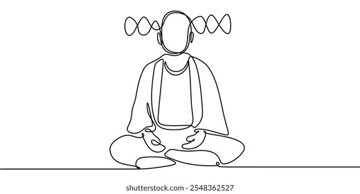 Continuous one line drawing of a person meditating, with mind waves surrounding them, reflecting psychological peace and mental focus.
