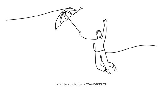 Continuous one line drawing of a person under an umbrella with falling rain. Symbolizing shelter, emotional strength, and weathering life’s storms. Vector illustration hand drawn.
