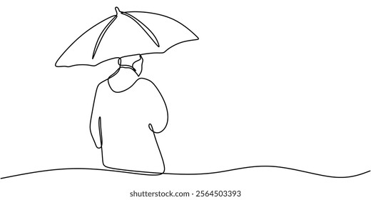 Continuous one line drawing of a person under an umbrella with falling rain. Representing resilience, emotional shelter, and facing life challenges. Vector illustration hand drawn.