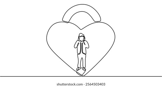 Continuous one line drawing of a person with a lock on their heart. Representing emotional restraint, protection, and guarding one’s feelings. Vector illustration hand drawn.