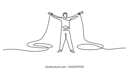 Continuous one line drawing of Person with Outstretched Arms and Flowing Lines. Vector illustration hand drawn.