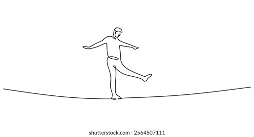 Continuous one line drawing of a person balancing on a tightrope, symbolizing balance in life or difficult decisions. Minimalist vector illustration hand drawn.