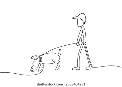 Continuous one line drawing of a person walking a dog on a leash. Minimalist pet care and outdoor activity concept, symbolizing companionship, exercise, and daily routine. Vector Editable stroke