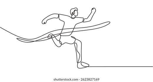 Linha de Acabamento de Pessoa de Desenho de Uma Linha Contínua. Competição de vitória minimalista vencedor velocidade sucesso vetor arte.