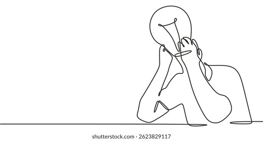 Continuous one line drawing of a person holding a lit lightbulb overhead, symbolizing a new idea or innovation. Vector illustration hand drawn.