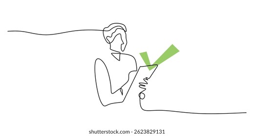 Continuous one line drawing of a person reviewing tasks on a to-do list attached to a clipboard. Vector illustration hand drawn.