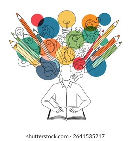 Continuous one line drawing of a person with a sketchbook, lightbulb and pencils flying over his head. Line art concept of creative process, imagination and inspiration. Vector illustration 