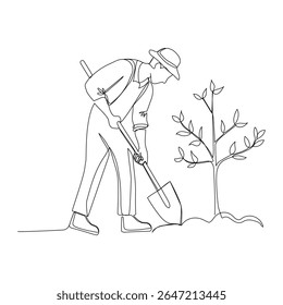 Continuous one line drawing of a person planting a tree. Vector illustration 