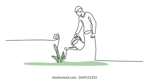 Dibujo continuo de una línea de una persona regando una flor. Concepto de jardinería, crecimiento y crianza de la naturaleza. Vector minimalista con color para conceptos de sostenibilidad.