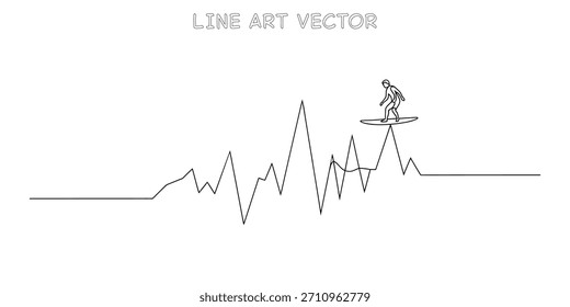 Dibujo continuo de una línea de una persona navegando en una línea de gráfico irregular que simboliza la volatilidad comercial