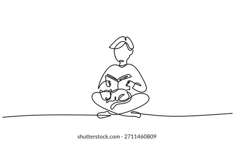 Dibujo continuo de una línea de una persona leyendo un libro con su gato mascota, una sola mano dibujó a un hombre sentado y relajante.