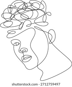 Dibujo continuo de una línea de una persona con sentimientos confusos. Concepto de problemas, estrés, tristeza y depresión en estilo doodle. Dibujado a mano sin inteligencia artificial