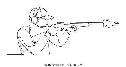 Kontinuierliche einzeilige Zeichnung einer Person, die während einer Zielübung ein Gewehr abfeuert. Vektorgrafik, Illustration