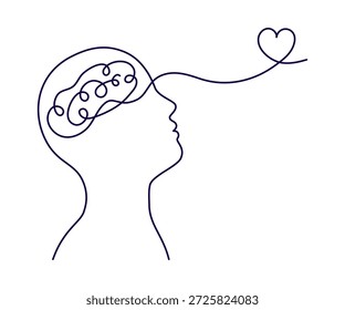 Dibujo continuo de una línea de la persona que piensa en el amor. Arte Abstractas para la salud mental y la conexión emocional. Diseño minimalista para el concepto de psicología. Ilustración vectorial