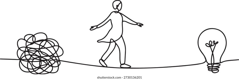 Dibujo continuo de una línea de la persona que se equilibra en la cuerda floja que se mueve de enredo desordenado a bombilla. Ilustración minimalista que simboliza la resolución de problemas o el logro de la claridad. Diseño de arte de una sola línea que representa el camino de la confusión a la idea brillante. Gráfico de Vector para la creatividad empresarial y conceptos de solución.
