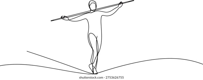 Continuous one line drawing of a person balancing on a tightrope, walking with a stick, one line Art icon drawing