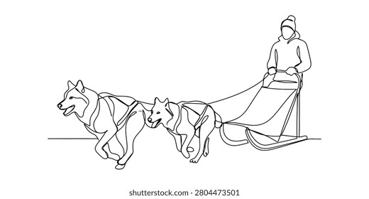 Continuous one line drawing of a person riding a dog sled pulled by two husky dogs running fast in the snowy winter Vector, illustration