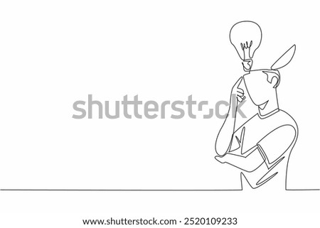 Continuous one line drawing person deep in thought with a lightbulb hovering above head. Creativity, inspiration and a brilliant idea. World Thinking Day. Single line draw design vector illustration
