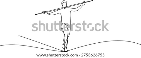 Continuous one line drawing of a person balancing on a tightrope, walking with a stick, one line Art icon drawing