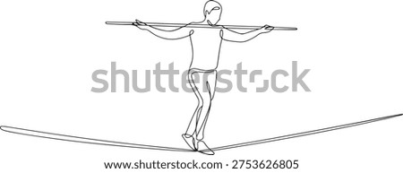 Continuous one line drawing of a person balancing on a tightrope, walking with a stick, one line Art icon drawing