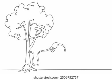 Continuous one line drawing a petrol hose filled with fuel sourced from tree trunks. Sourced from nature and easy to find. Care. National Biodiesel Day. Single line draw design vector illustration