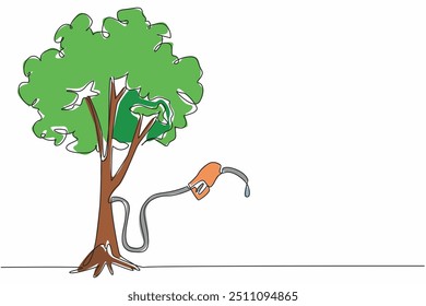 Uma linha contínua desenhando uma mangueira de gasolina cheia de combustível proveniente de troncos de árvores. Originado na natureza e fácil de encontrar. Cuidado. Dia Nacional do Biodiesel. Ilustração de vetor de design de desenho de linha única