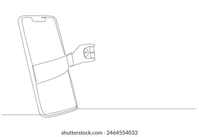 Continuous one line drawing of pharmacist's hand out of smartphone screen holding medicine capsule, ordering medicine online, medical service concept, single line art.