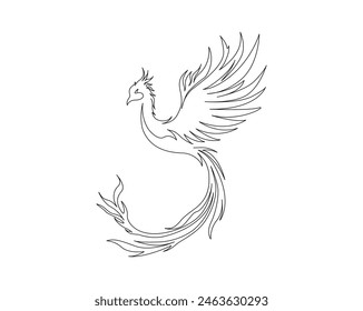 Continuous one line drawing of phoenix bird. Flaming phoenix bird single outline vector design. Editable stroke.