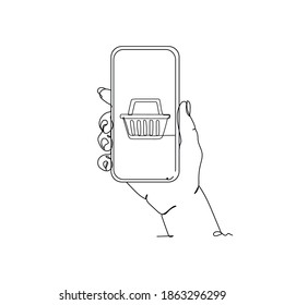 Continuous one line drawing. Phone with shopping basket. Perfect for greeting cards, posters, stickers. Vector illustration shopping concept