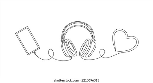 Continuous one line drawing of Phone, headphones and heart. Love music concept. Vector illustration.