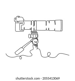 Continuous one line drawing of photo camera with telephoto lens in silhouette on a white background. Linear stylized.