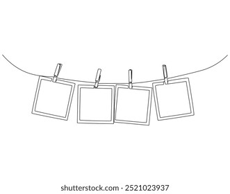 Dibujo continuo de una línea de marco de fotos con Clips. Ilustración de dibujo de una línea de marco de fotos colgando de la cuerda. Línea única del concepto del día nacional de la Fotografía. Esquema editable