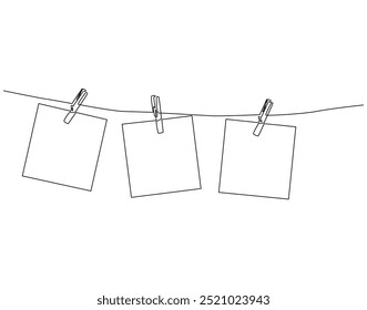 Continuous one line drawing of photo frame with clips. One line drawing illustration of photo frame hanging on the rope. National photography day concept single line. Editable outline