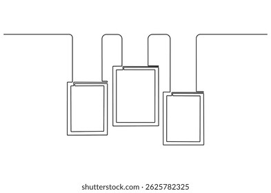 Doorlopende tekening van één lijn van het fotokader. Enkele lijn tekening illustratie van Photo frame polaroid. Papieren frame met clip concept vector art. Doodle lijn illustratie.