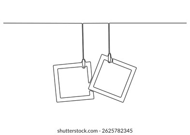 Doorlopende tekening van één lijn van het fotokader. Enkele lijn tekening illustratie van Photo frame polaroid. Papieren frame met clip concept vector art. Doodle lijn illustratie.