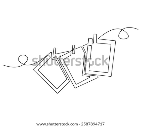 Continuous one line drawing of photo frame with clip. Single line drawing illustration of photo frame polaroid. Papper frame concept vector art. Doodle line illustration.
