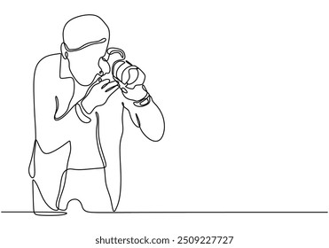 Desenho contínuo de uma linha de um fotógrafo. Apresenta o profissional em um estilo vetor desenhado à mão minimalista.