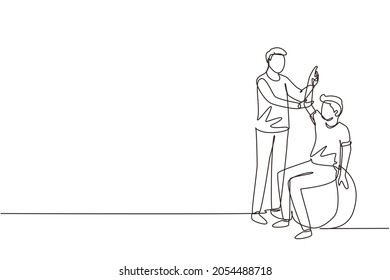 Continuous one line drawing physiotherapy rehabilitation isometric composition with young man patient sitting on ball and male doctor holding his hand. Single line draw design vector illustration