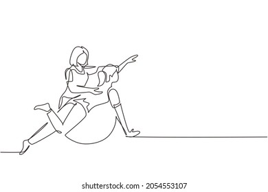 Continuous one line drawing physiotherapy rehabilitation isometric composition with female patient lying on rubber ball with medical assistant. Healthcare. Single line draw design vector illustration