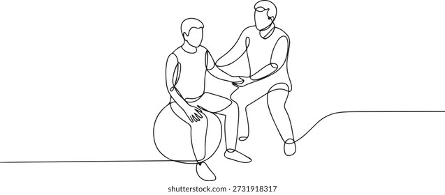 Continuous one line drawing physiotherapy rehabilitation isometric composition with young man patient sitting on ball and male doctor holding his hand. one line Icon drawing

