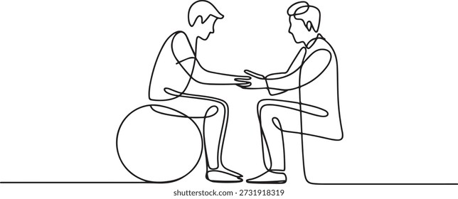 Continuous one line drawing physiotherapy rehabilitation isometric composition with young man patient sitting on ball and male doctor holding his hand. one line Icon drawing
