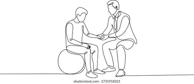 Continuous one line drawing physiotherapy rehabilitation isometric composition with young man patient sitting on ball and male doctor holding his hand. one line Icon drawing
