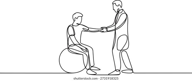 Continuous one line drawing physiotherapy rehabilitation isometric composition with young man patient sitting on ball and male doctor holding his hand. one line Icon drawing
