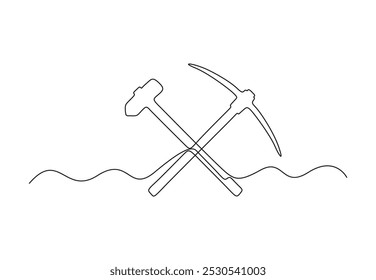 Continuous one line drawing of pickaxe. Crosses pickaxe vector illustration