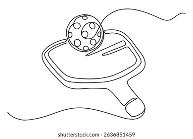 Continuous one line drawing of a Pickleball racket and ball isolated on white background